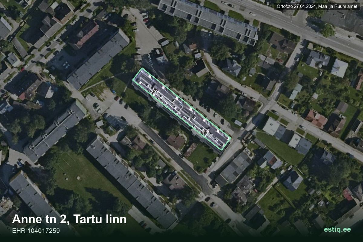 Anne tänav 2, Tartu – hoone aerofoto, kontuur ehitisregistri (EHR) andmetest