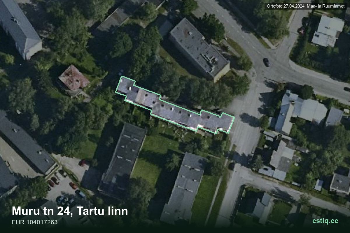 Muru tänav 24, Tartu – hoone aerofoto, kontuur ehitisregistri (EHR) andmetest