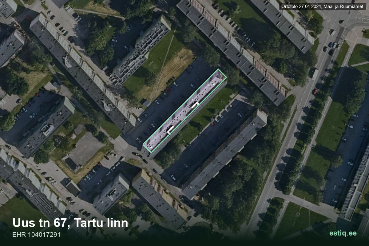 Uus tänav 67, Tartu – hoone aerofoto, kontuur ehitisregistri (EHR) andmetest