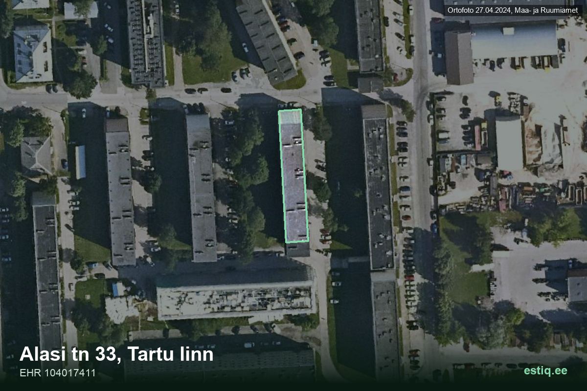 Alasi tänav 33, Tartu – аэрофото дома, контур по данным регистра строений (EHR)