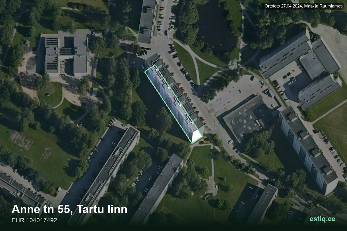 Anne tänav 55, Tartu – hoone aerofoto, kontuur ehitisregistri (EHR) andmetest