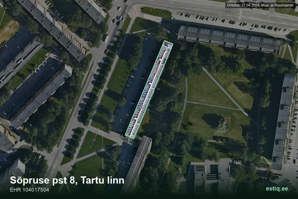 Sõpruse pst 8, Tartu – hoone aerofoto, kontuur ehitisregistri (EHR) andmetest