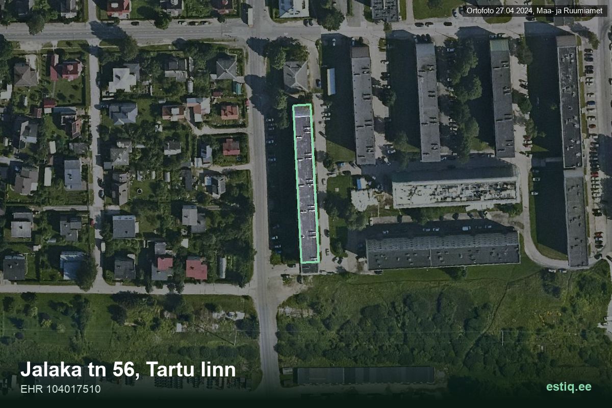Jalaka tänav 56, Tartu – hoone aerofoto, kontuur ehitisregistri (EHR) andmetest