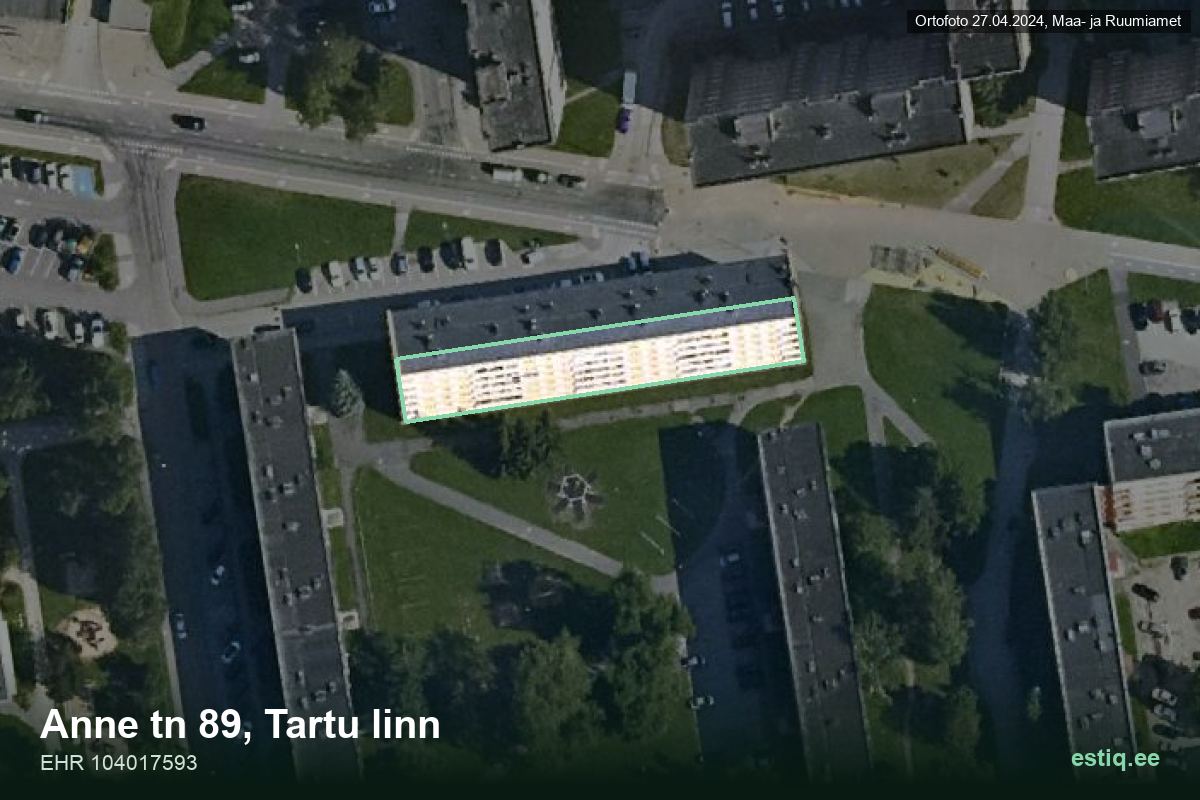 Anne tänav 89, Tartu – hoone aerofoto, kontuur ehitisregistri (EHR) andmetest