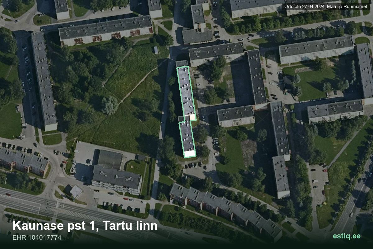 Kaunase pst 1, Tartu – hoone aerofoto, kontuur ehitisregistri (EHR) andmetest