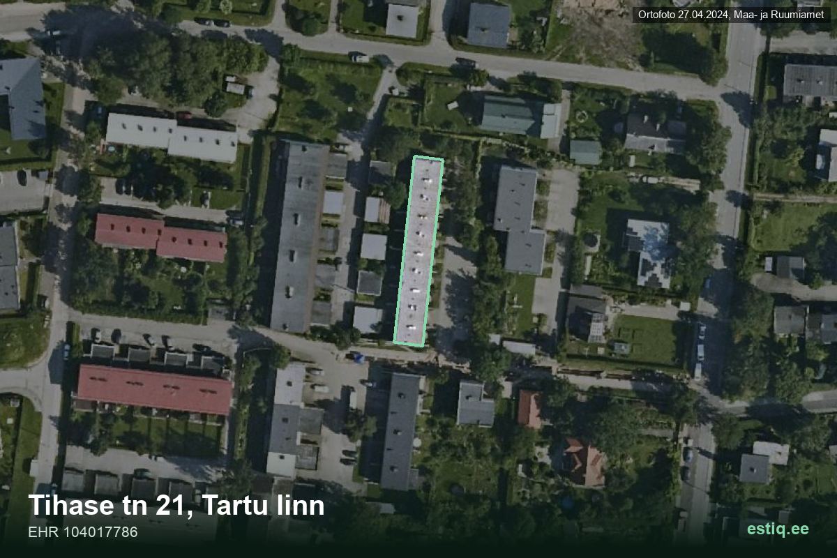 Tihase tänav 21, Tartu – hoone aerofoto, kontuur ehitisregistri (EHR) andmetest