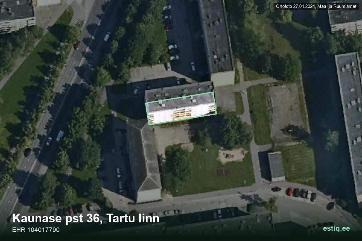 Kaunase pst 36, Tartu – hoone aerofoto, kontuur ehitisregistri (EHR) andmetest