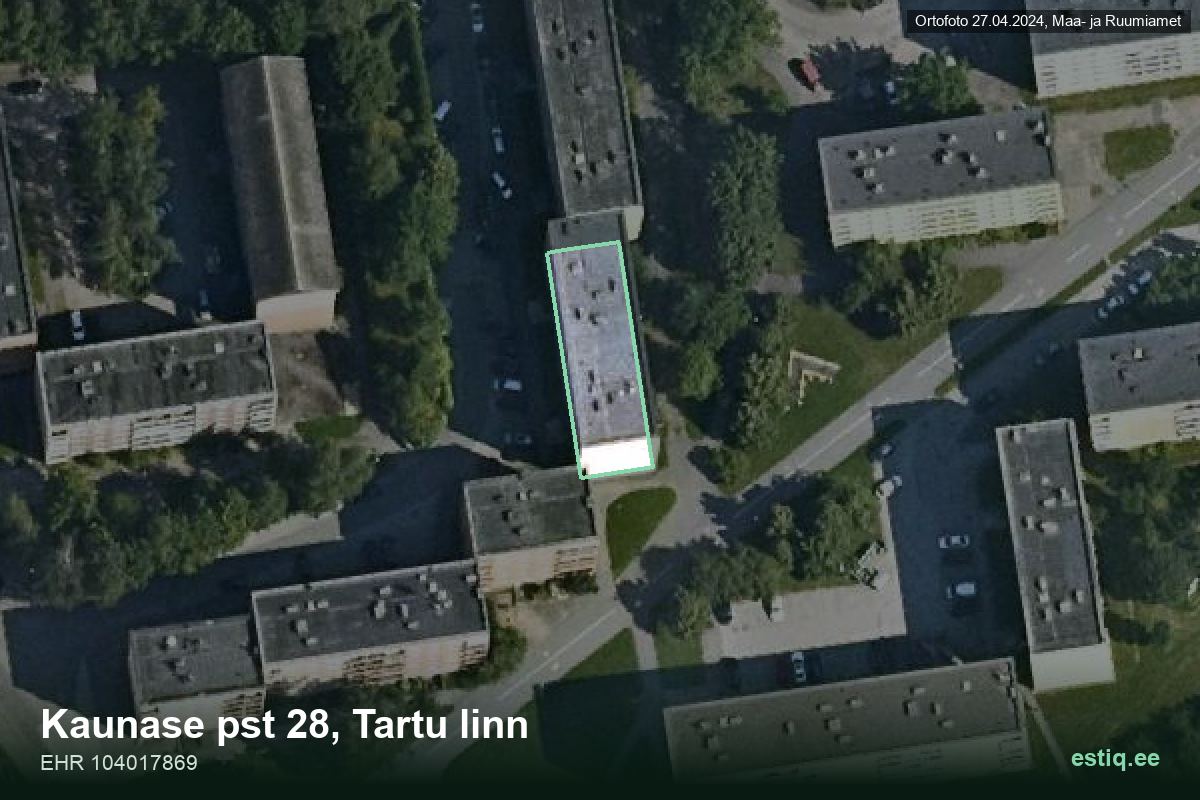 Kaunase pst 28, Tartu – hoone aerofoto, kontuur ehitisregistri (EHR) andmetest