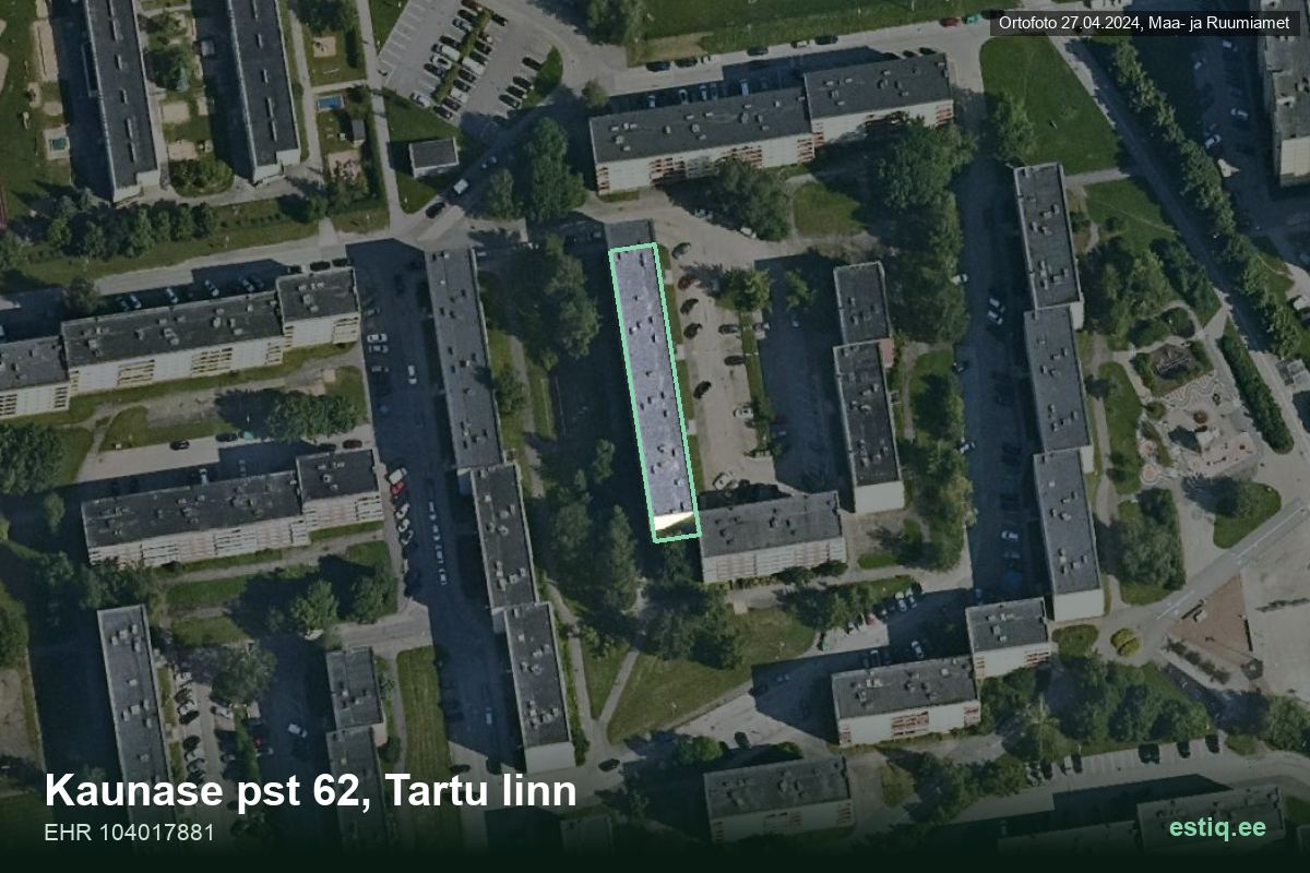 Kaunase pst 62, Tartu – hoone aerofoto, kontuur ehitisregistri (EHR) andmetest