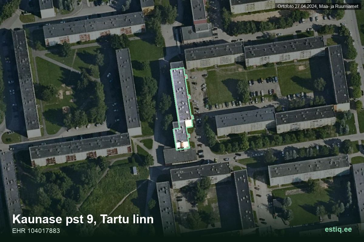 Kaunase pst 9, Tartu – hoone aerofoto, kontuur ehitisregistri (EHR) andmetest