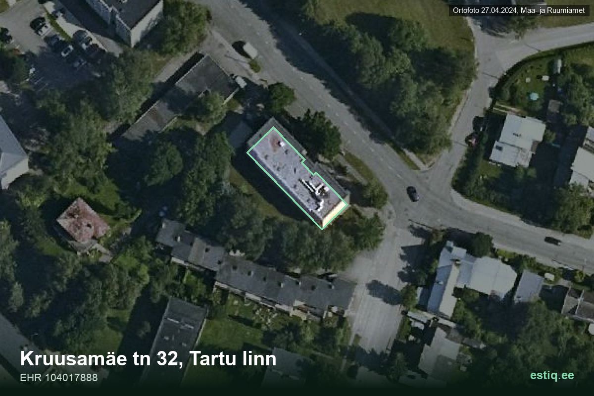 Kruusamäe tänav 32, Tartu – hoone aerofoto, kontuur ehitisregistri (EHR) andmetest
