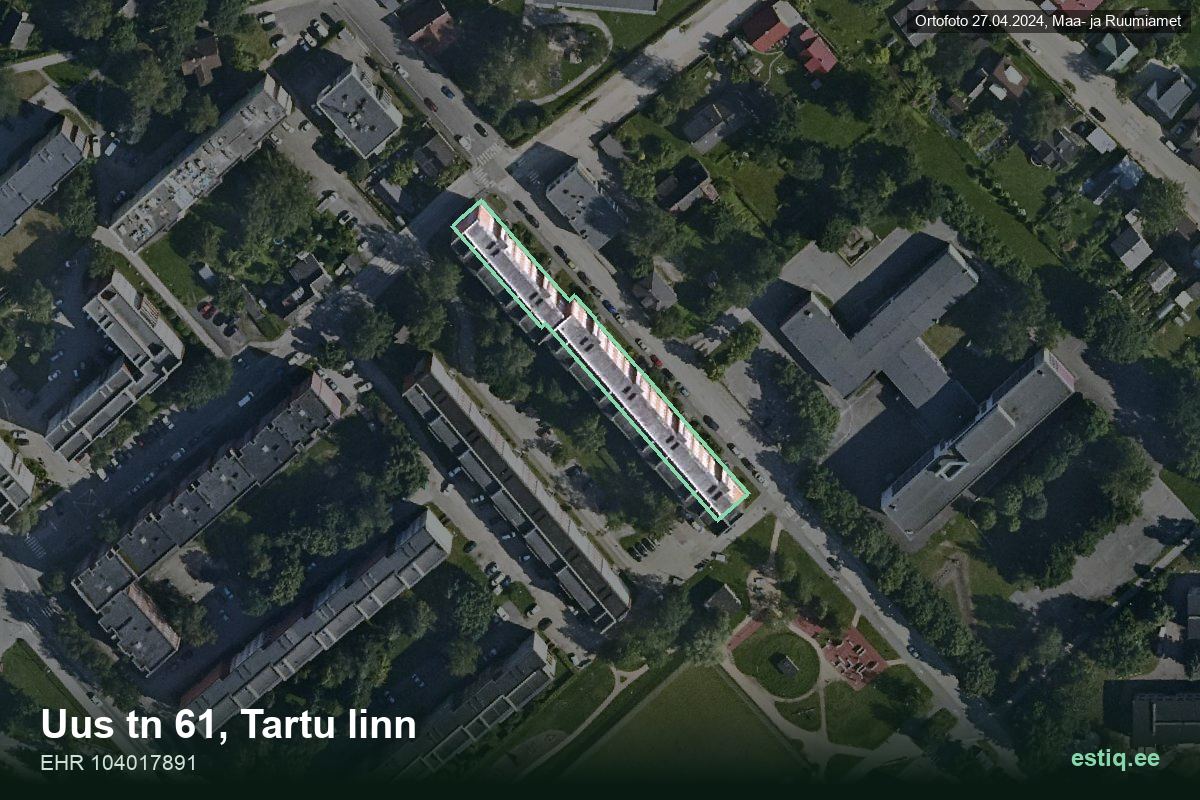 Uus tänav 61, Tartu – hoone aerofoto, kontuur ehitisregistri (EHR) andmetest