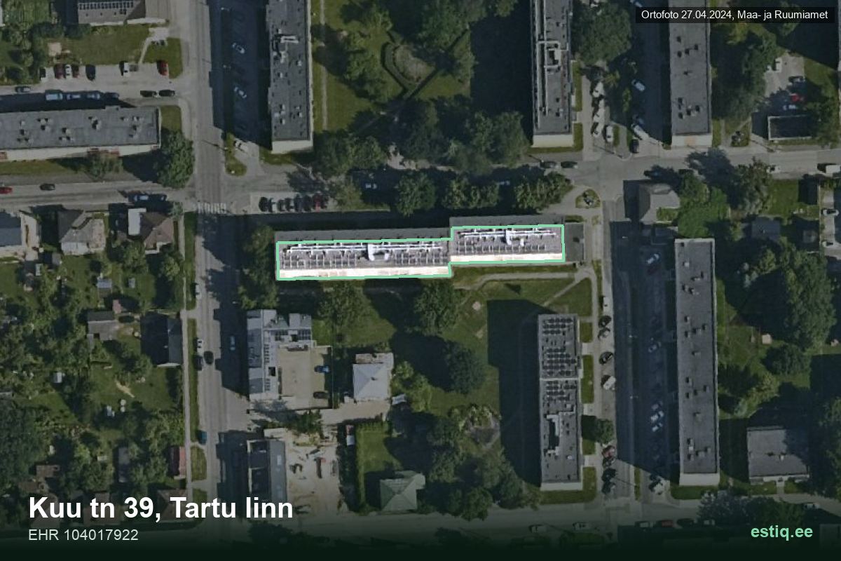 Kuu tänav 39, Tartu – ilmakuva rakennuksesta, ääriviiva rakennusrekisteristä (EHR)