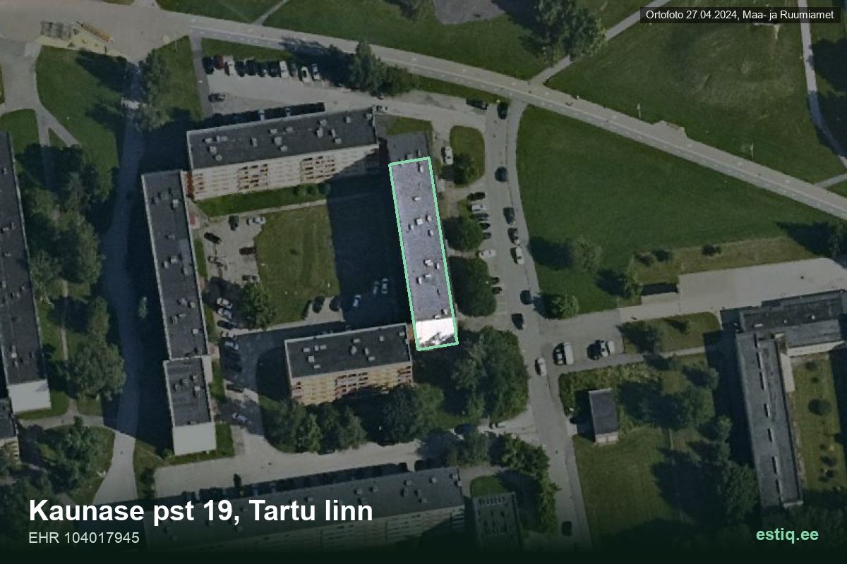 Kaunase pst 19, Tartu – hoone aerofoto, kontuur ehitisregistri (EHR) andmetest