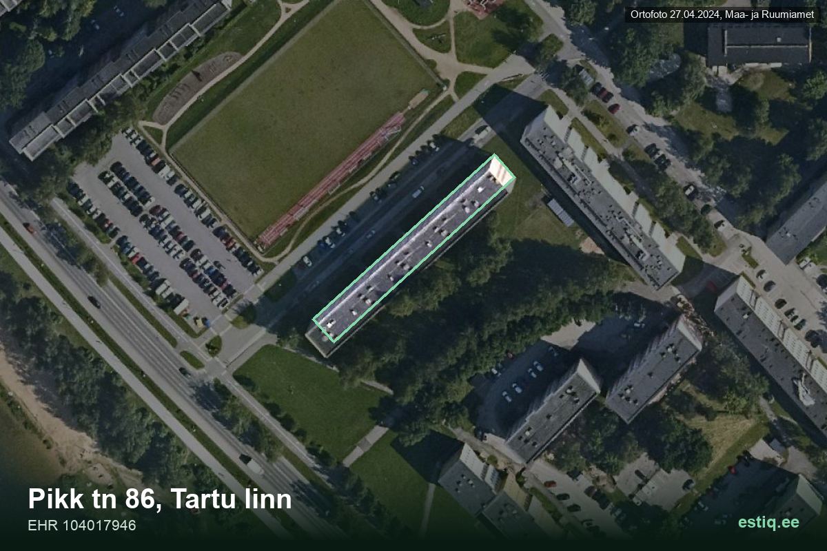 Pikk tänav 86, Tartu – hoone aerofoto, kontuur ehitisregistri (EHR) andmetest