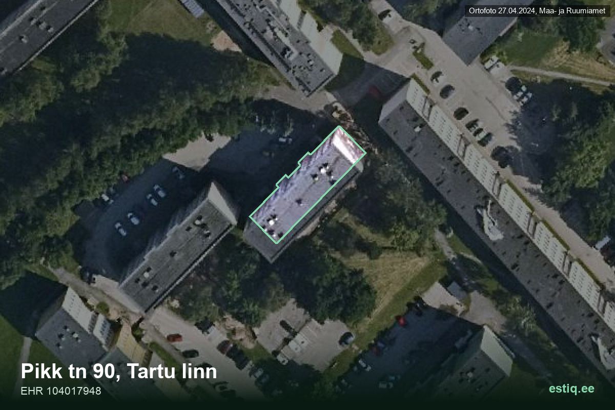 Pikk tänav 90, Tartu – hoone aerofoto, kontuur ehitisregistri (EHR) andmetest