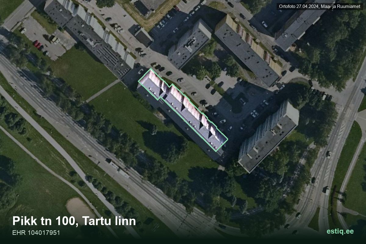 Pikk tänav 100, Tartu – hoone aerofoto, kontuur ehitisregistri (EHR) andmetest