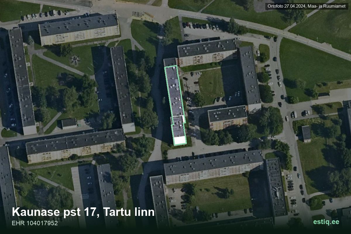 Kaunase pst 17, Tartu – hoone aerofoto, kontuur ehitisregistri (EHR) andmetest