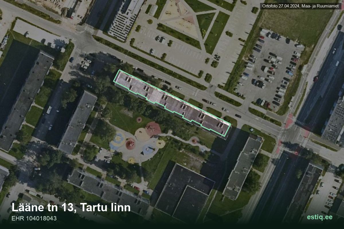 Lääne tänav 13, Tartu – hoone aerofoto, kontuur ehitisregistri (EHR) andmetest
