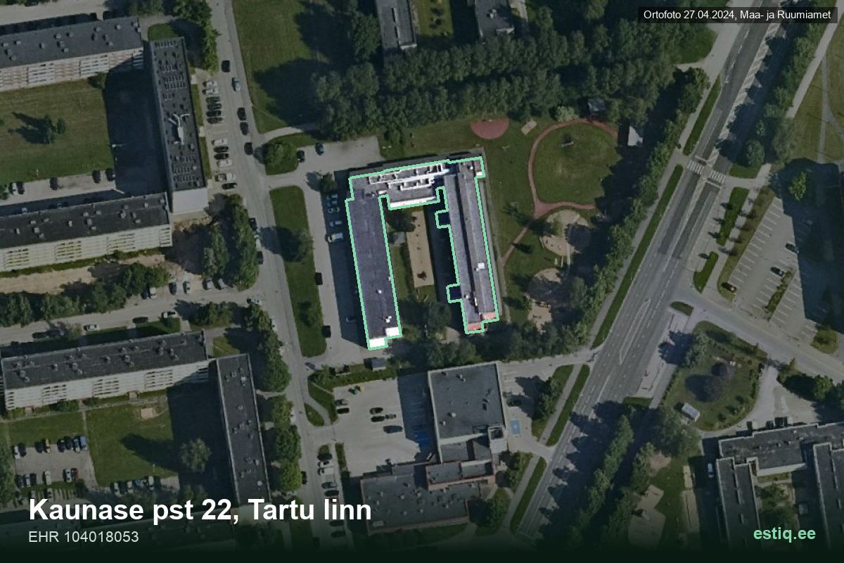 Kaunase pst 22, Tartu – hoone aerofoto, kontuur ehitisregistri (EHR) andmetest