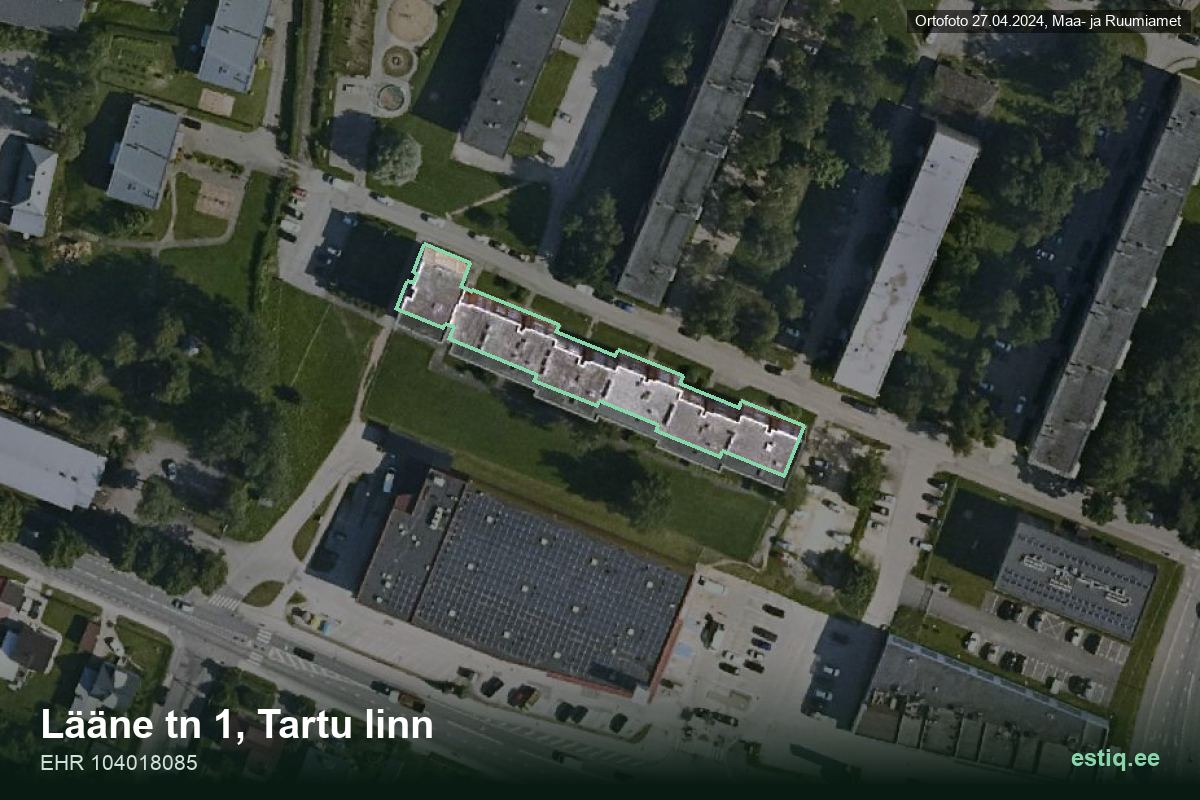 Lääne tänav 1, Tartu – hoone aerofoto, kontuur ehitisregistri (EHR) andmetest