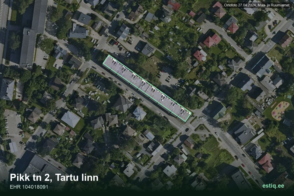 Pikk tänav 2, Tartu – аэрофото дома, контур по данным регистра строений (EHR)