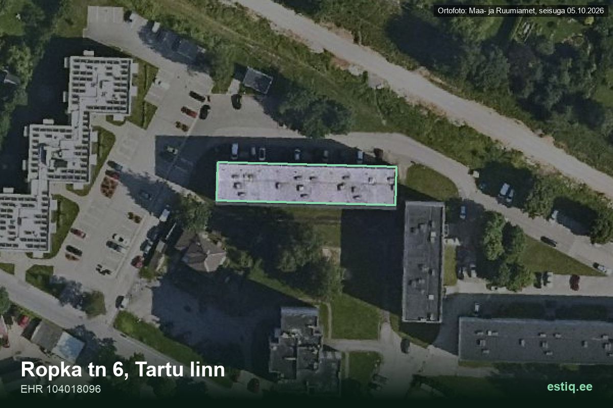 Ropka tänav 6, Tartu – аэрофото дома, контур по данным регистра строений (EHR)