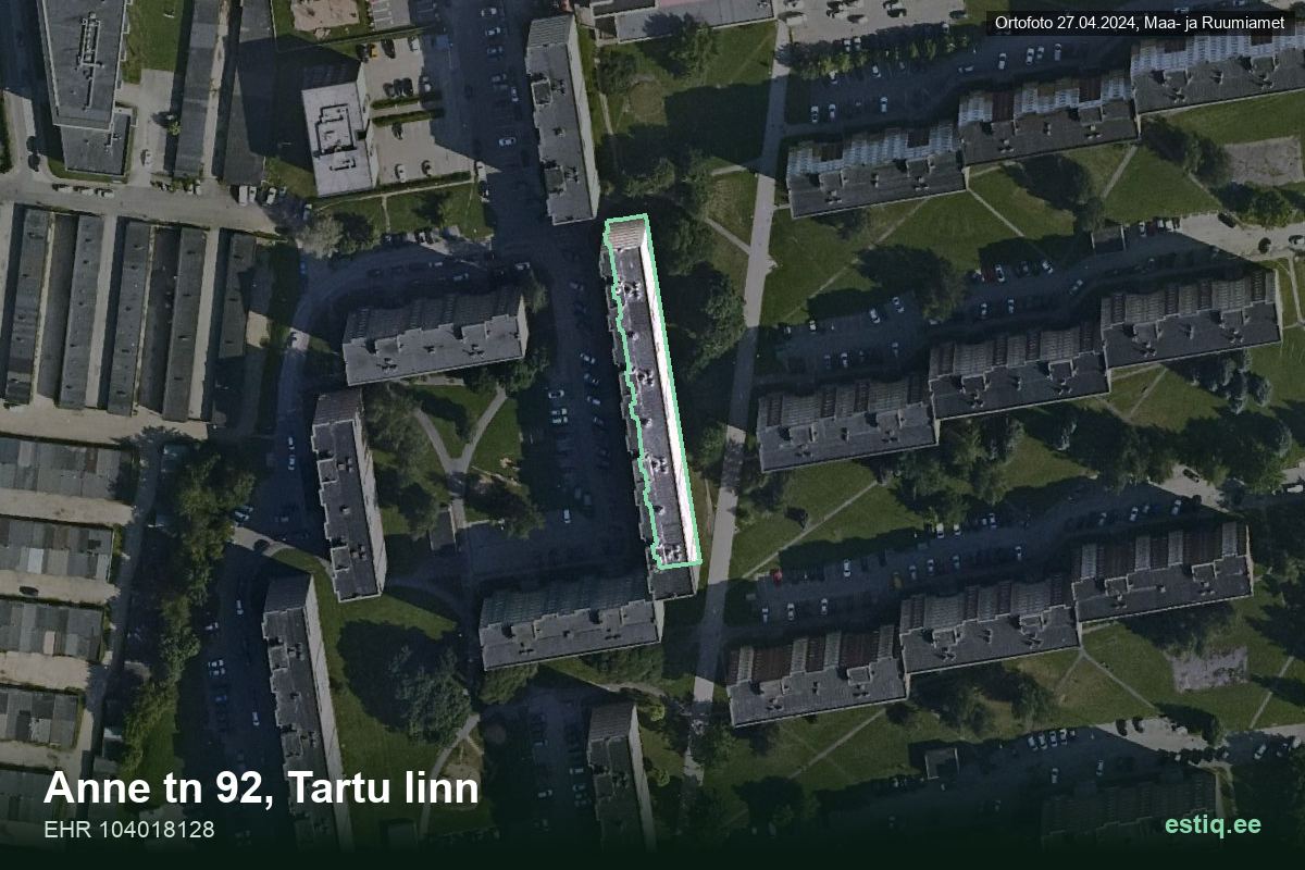 Anne tänav 92, Tartu – hoone aerofoto, kontuur ehitisregistri (EHR) andmetest