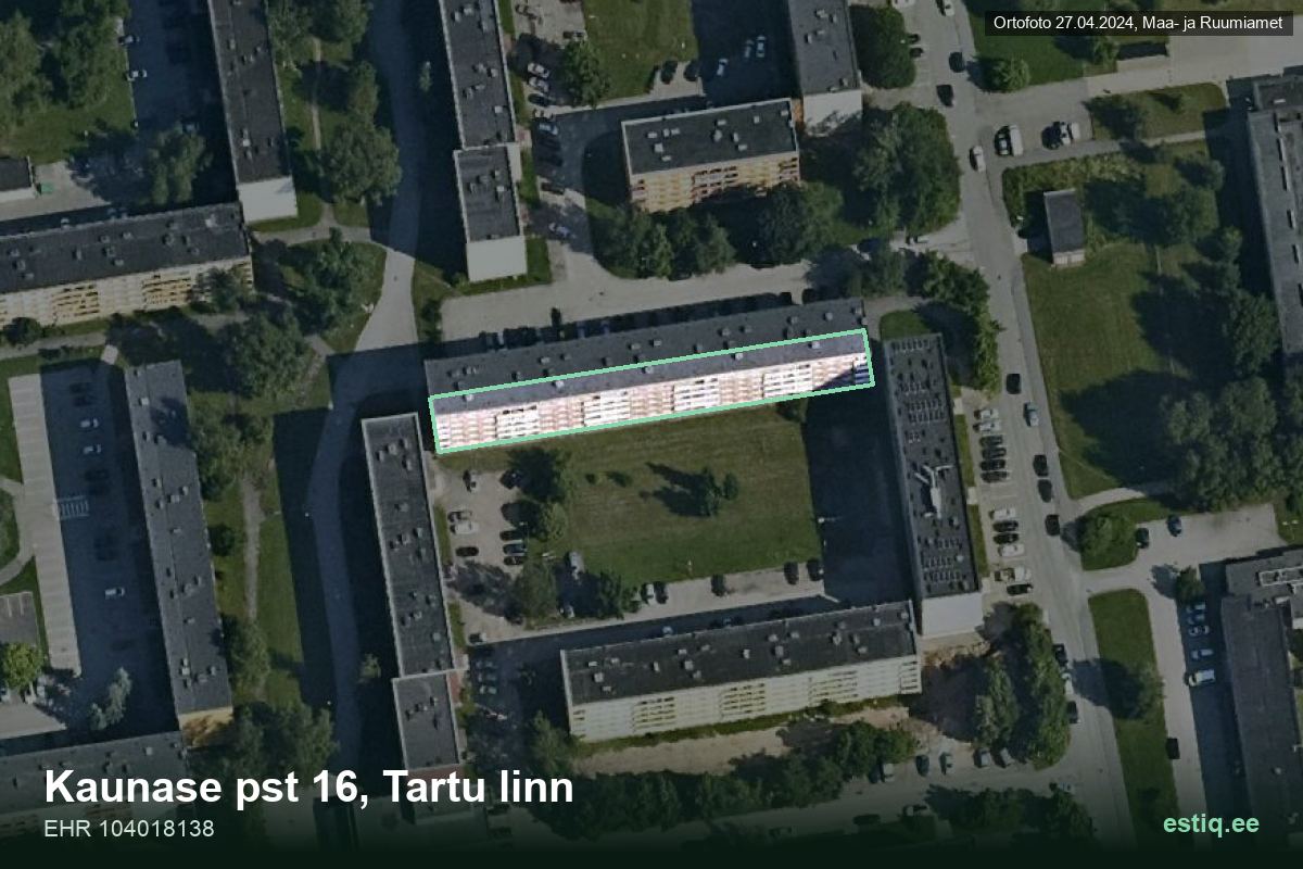 Kaunase pst 16, Tartu – hoone aerofoto, kontuur ehitisregistri (EHR) andmetest