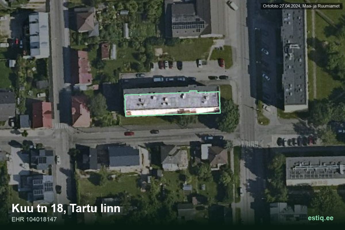Kuu tänav 18, Tartu – аэрофото дома, контур по данным регистра строений (EHR)