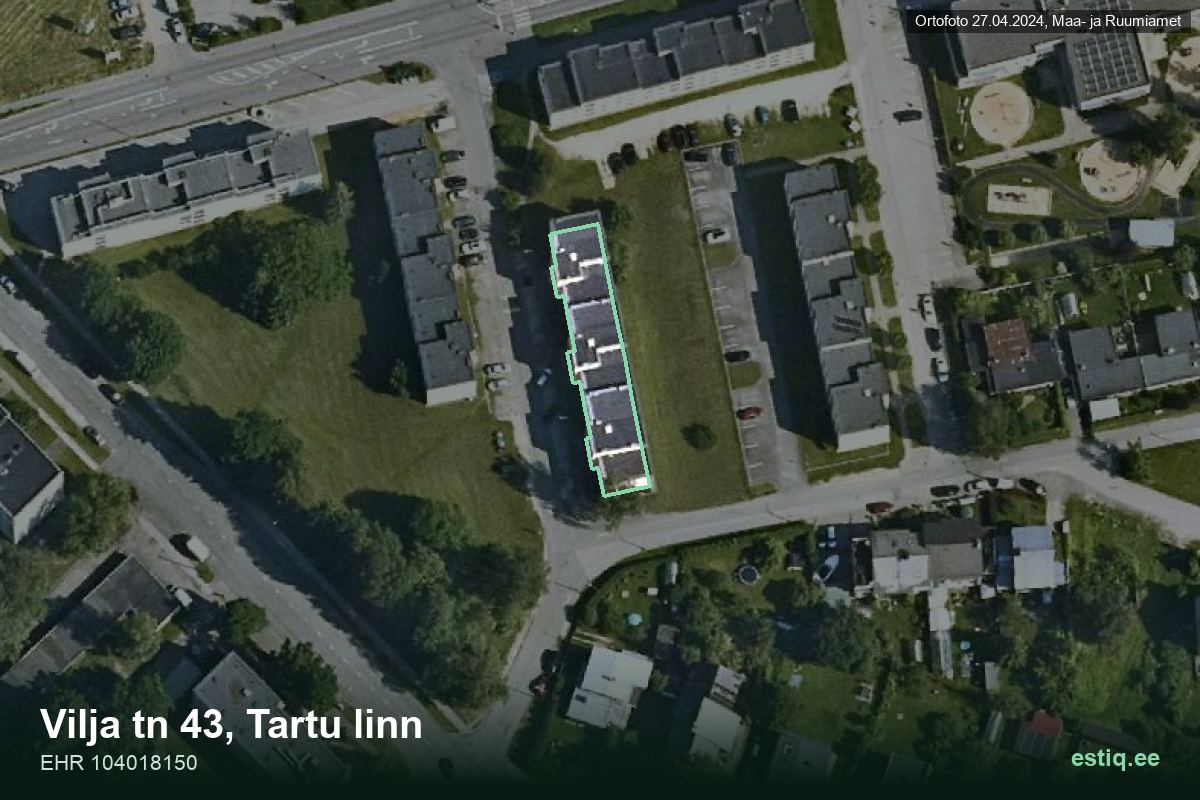 Vilja tänav 43, Tartu – hoone aerofoto, kontuur ehitisregistri (EHR) andmetest