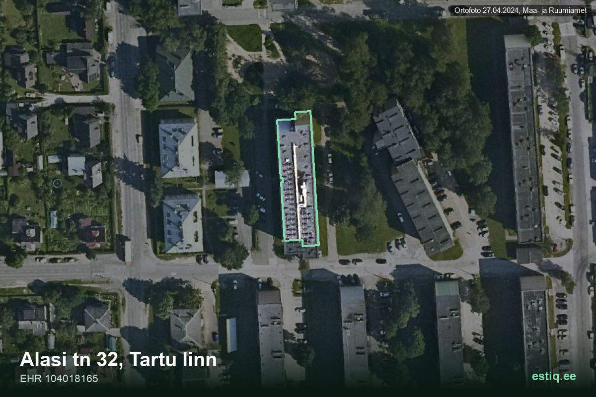 Alasi tänav 32, Tartu – hoone aerofoto, kontuur ehitisregistri (EHR) andmetest
