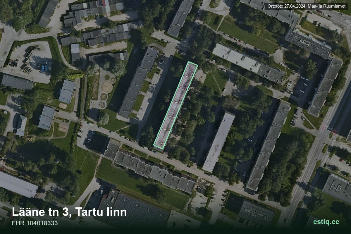 Lääne tänav 3, Tartu – hoone aerofoto, kontuur ehitisregistri (EHR) andmetest