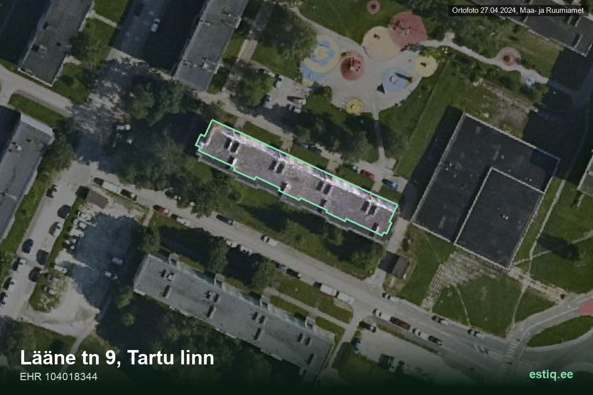 Lääne tänav 9, Tartu – hoone aerofoto, kontuur ehitisregistri (EHR) andmetest