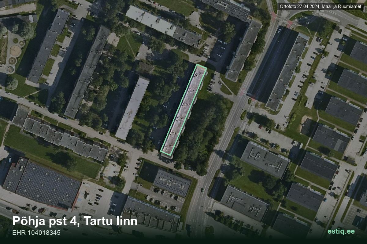 Põhja pst 4, Tartu – аэрофото дома, контур по данным регистра строений (EHR)