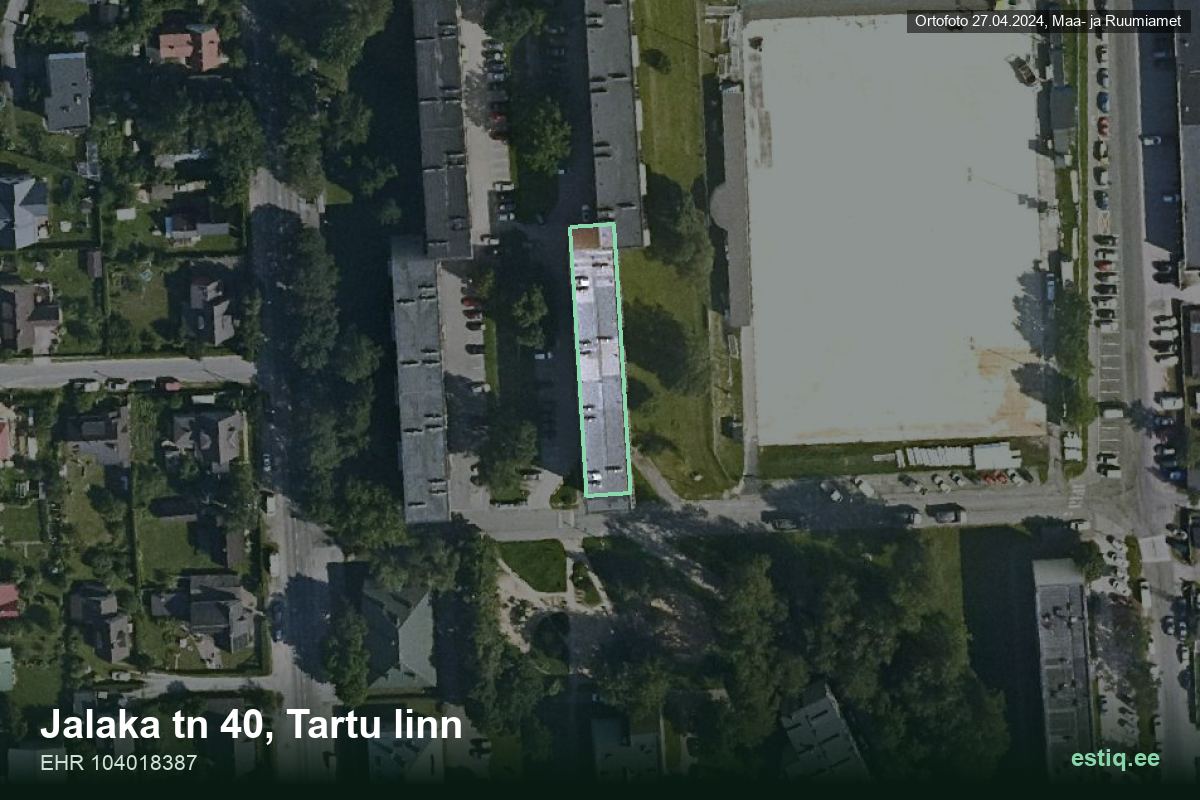 Jalaka tänav 40, Tartu – аэрофото дома, контур по данным регистра строений (EHR)