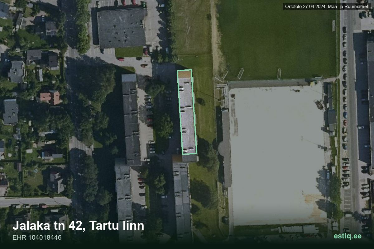 Jalaka tänav 42, Tartu – аэрофото дома, контур по данным регистра строений (EHR)