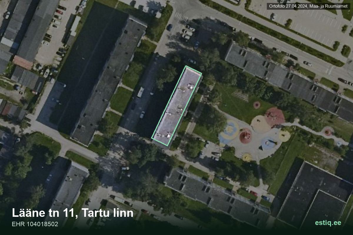 Lääne tänav 11, Tartu – ilmakuva rakennuksesta, ääriviiva rakennusrekisteristä (EHR)