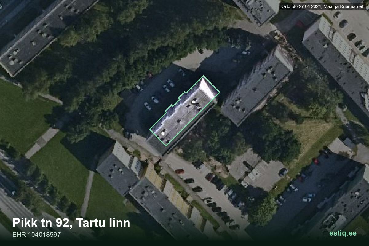Pikk tänav 92, Tartu – аэрофото дома, контур по данным регистра строений (EHR)