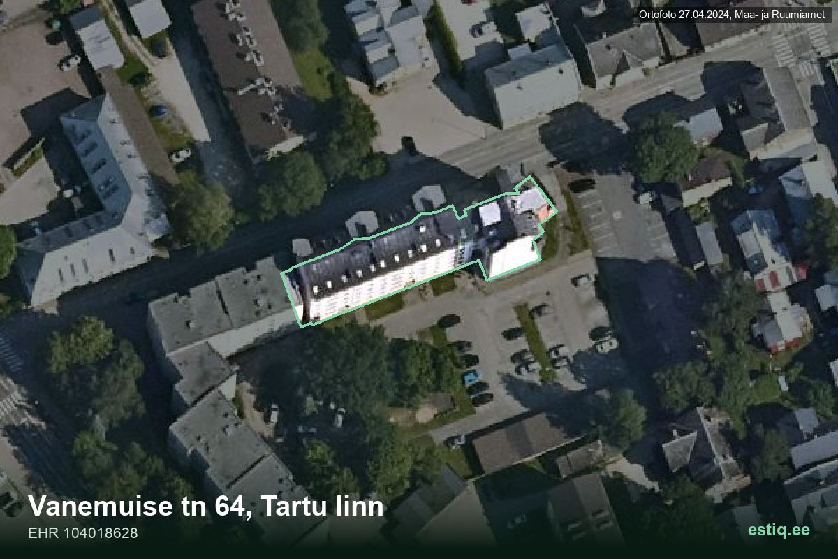 Vanemuise tänav 64, Tartu – hoone aerofoto, kontuur ehitisregistri (EHR) andmetest