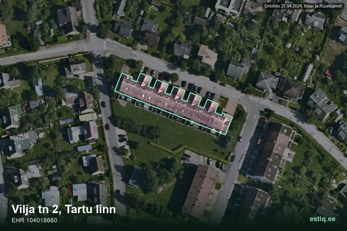 Vilja tänav 2, Tartu – hoone aerofoto, kontuur ehitisregistri (EHR) andmetest