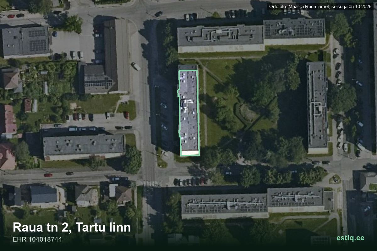 Raua tänav 2, Tartu – hoone aerofoto, kontuur ehitisregistri (EHR) andmetest