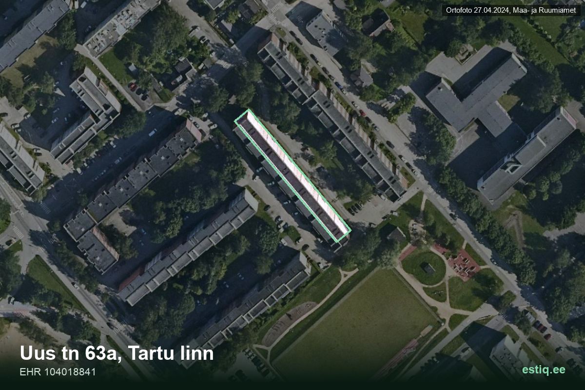 Uus tänav 63a, Tartu – hoone aerofoto, kontuur ehitisregistri (EHR) andmetest