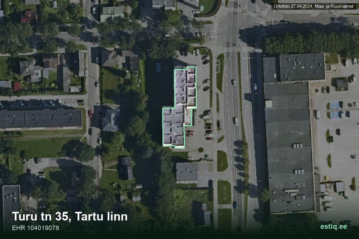 Turu tänav 35, Tartu – hoone aerofoto, kontuur ehitisregistri (EHR) andmetest