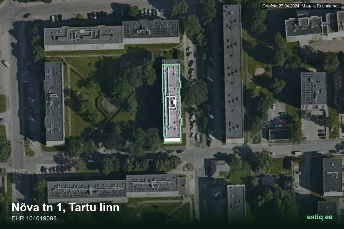 Nõva tänav 1, Tartu – аэрофото дома, контур по данным регистра строений (EHR)
