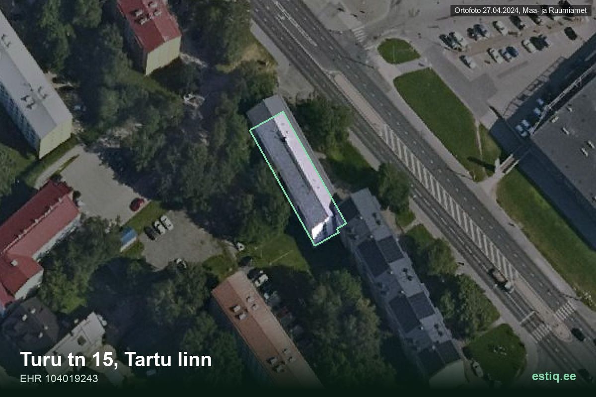 Turu tänav 15, Tartu – hoone aerofoto, kontuur ehitisregistri (EHR) andmetest