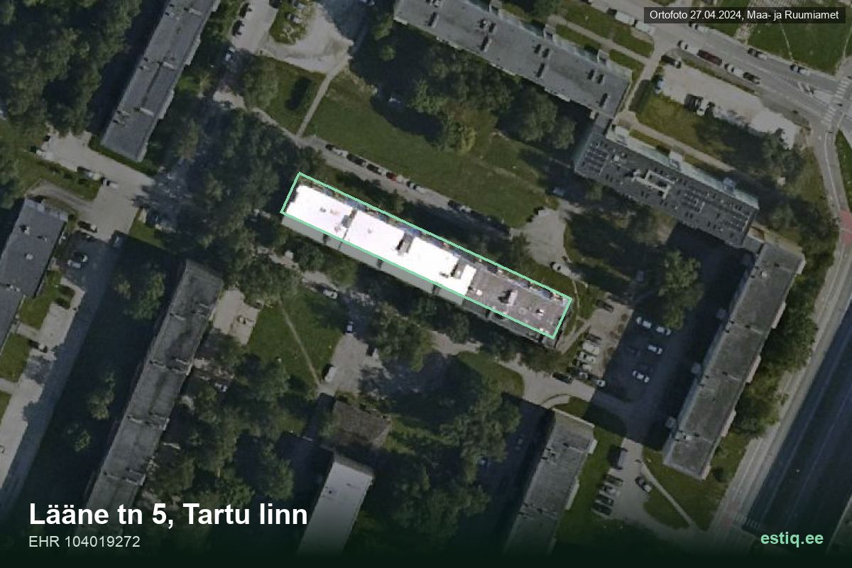 Lääne tänav 5, Tartu – аэрофото дома, контур по данным регистра строений (EHR)