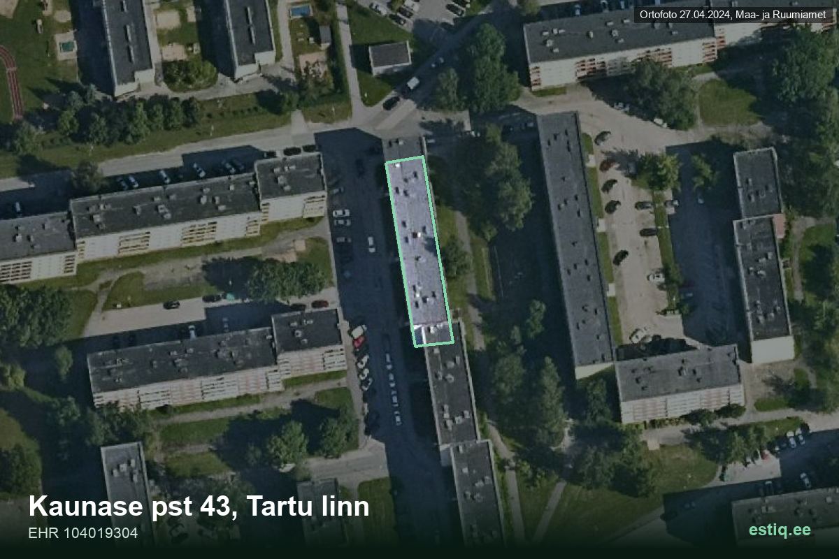 Kaunase pst 43, Tartu – hoone aerofoto, kontuur ehitisregistri (EHR) andmetest