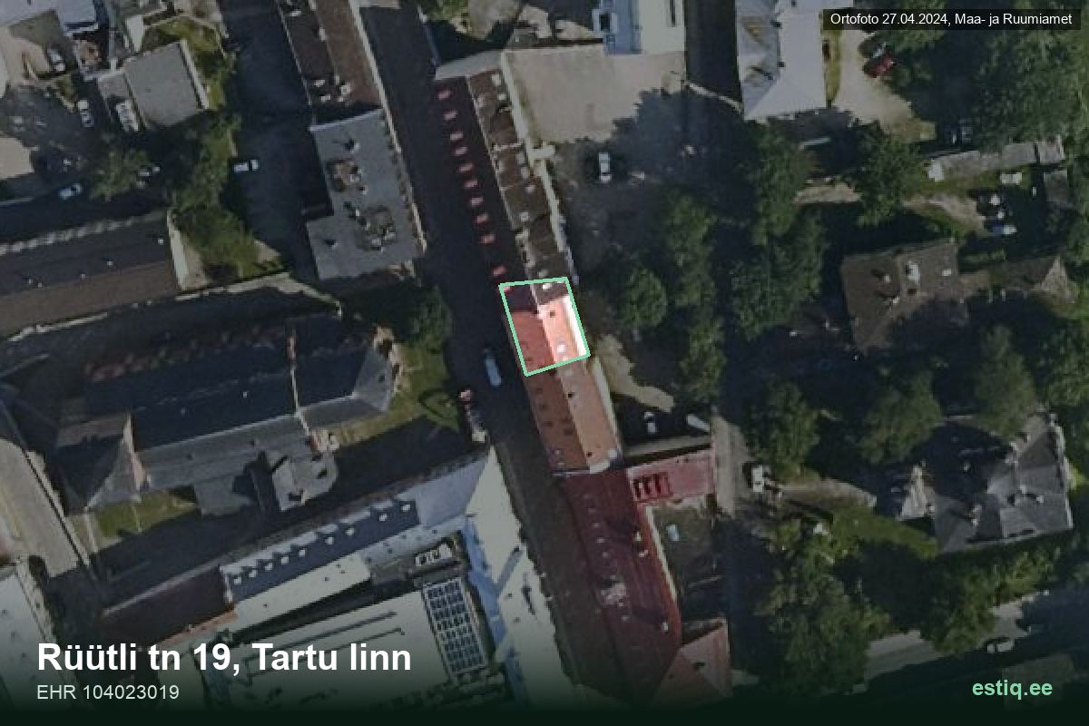 Rüütli tänav 19, Tartu – hoone aerofoto, kontuur ehitisregistri (EHR) andmetest