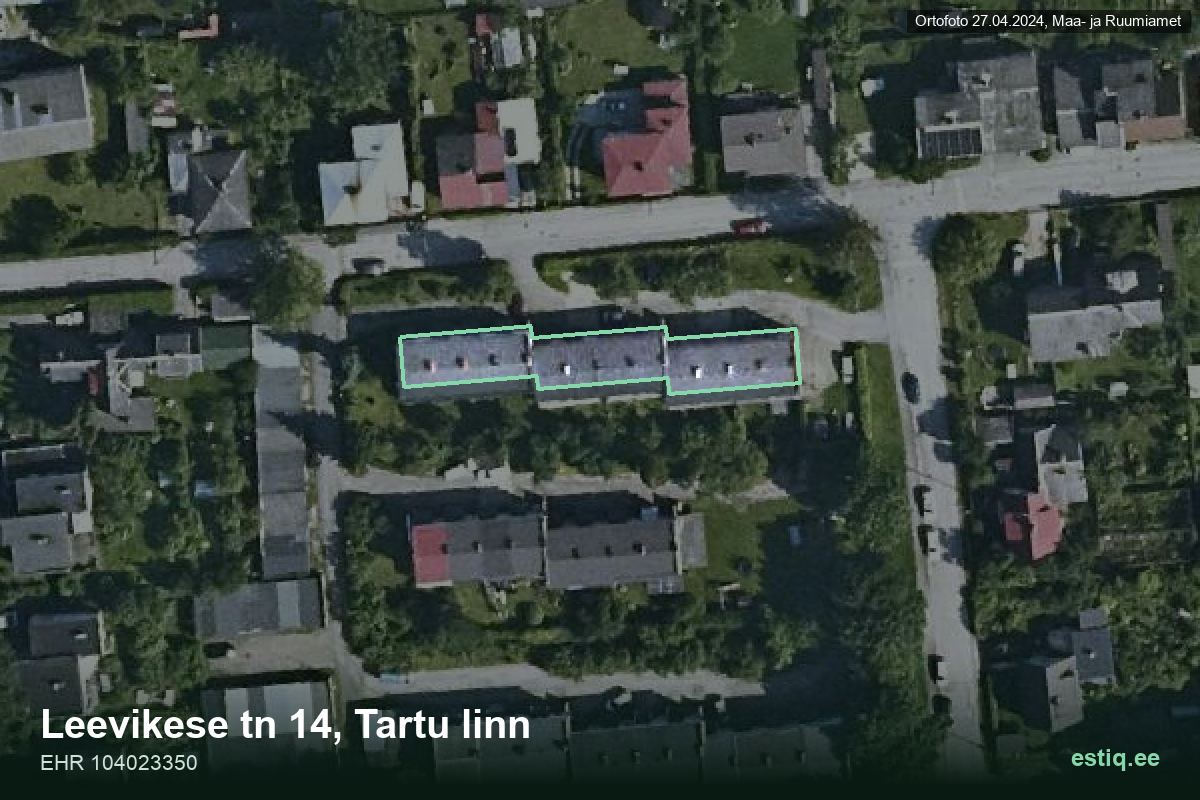 Leevikese tänav 14, Tartu – ilmakuva rakennuksesta, ääriviiva rakennusrekisteristä (EHR)